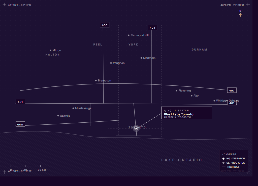 Blast Labs facility map of the Greater Toronto Area